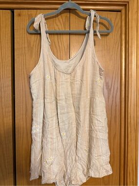 American Eagle Outfitters Beige Floral Embroidered Tie-Shoulder Romper